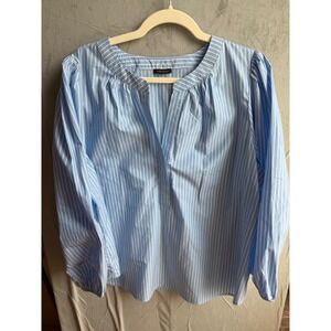 Ann Taylor Striped Blouse Women XL Blue White Coastal Balloon Sleeve Peasant